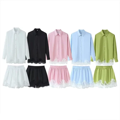 Lace Trim Turn-Down Collar Shirt and Shorts Two-Piece Set