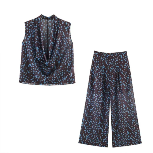 Polka-Dot V-Neck Sleeveless Vest and High-Waist Casual Trousers Two-Piece Set