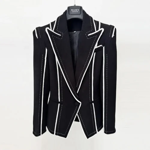 Contrast Piping PU Leather Statement Black Blazer