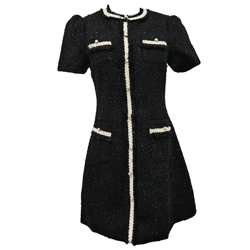 Elegant Contrast Pearl Trim Tweed Mini Dress - Image 7