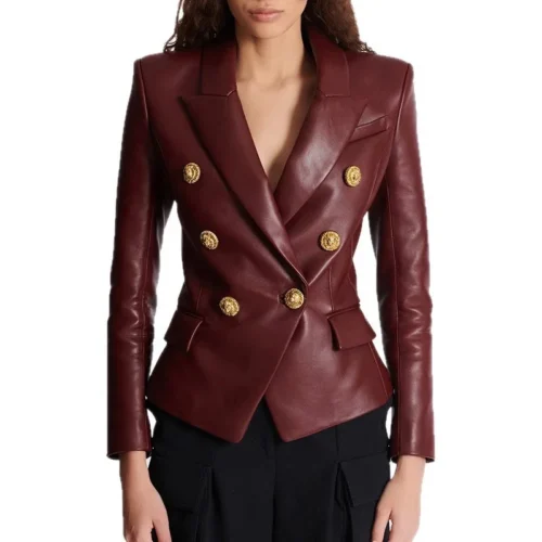 Gold Button Double-Breasted Burgundy PU Leather Blazer