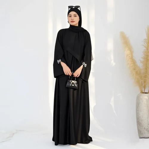 Jacquard Sleeve Bow Detail Maxi Abaya