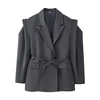 Waist-Tie Wide Shoulder Blazer – Multi-Colour - Image 14