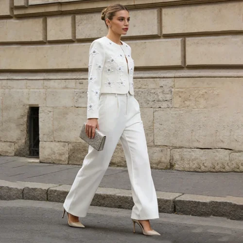 Crystal-Beaded O-Neck Jacket & Wide-Leg Pants Set