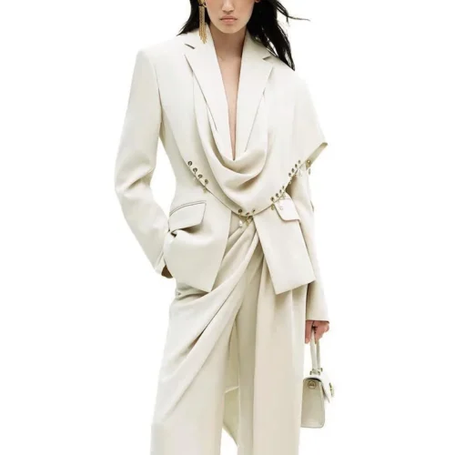 Asymmetric Draped Shawl Collar Ivory Blazer