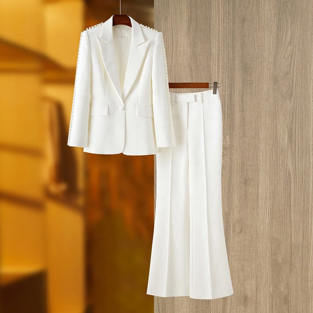 Subtle-Beaded Pleated V-Neck White Pantsuit Set - Image 3