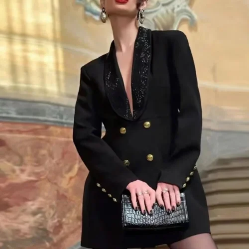 Crystal Lapel Backless Double-Breasted Blazer Dress