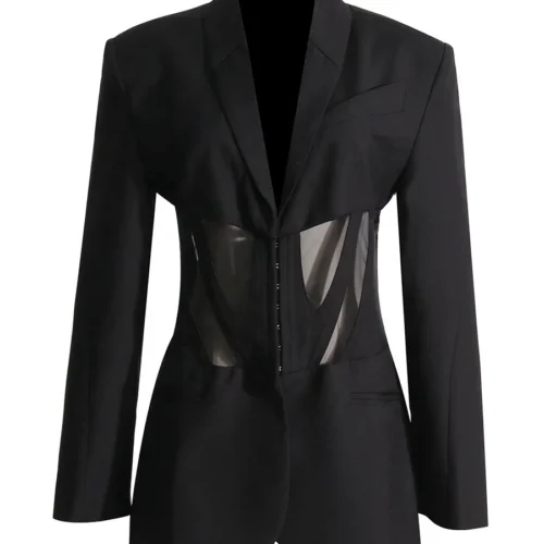Diamond Open-Back Mesh Panel Black Statement Blazer