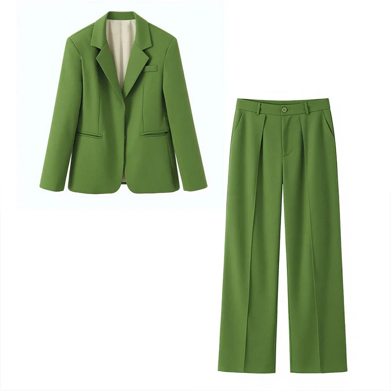 Long-Sleeve V-Neck Blazer Jacket and Pleated Casual Trousers Two-Piece Suit