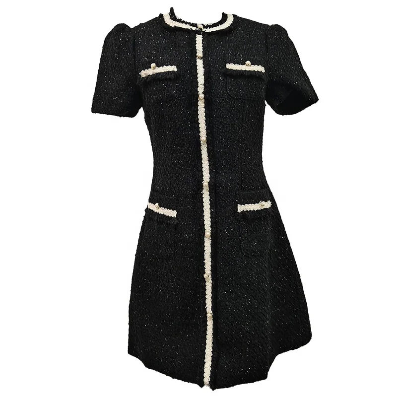 Elegant Contrast Pearl Trim Tweed Mini Dress - Image 6