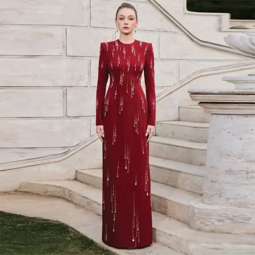 Burgundy Rhinestone Embellished Evening Gown