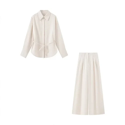 Belted Turn-Down Collar Shirt and Trouser Set