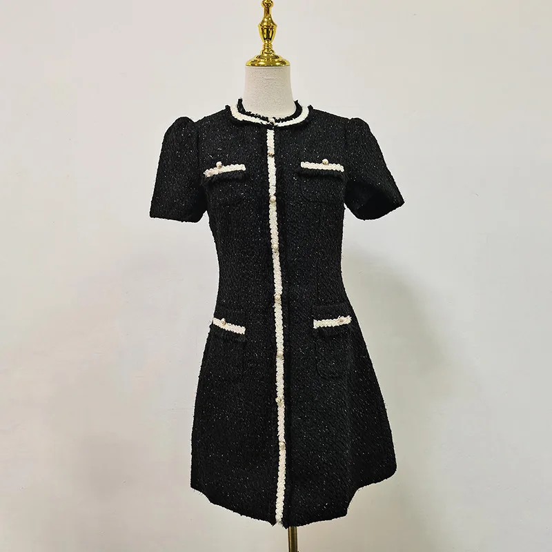Elegant Contrast Pearl Trim Tweed Mini Dress - Image 8