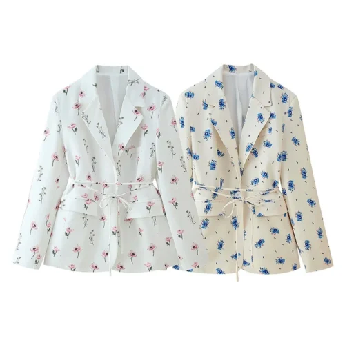 Women’s Floral Belted Blazer – Ivory & Blue