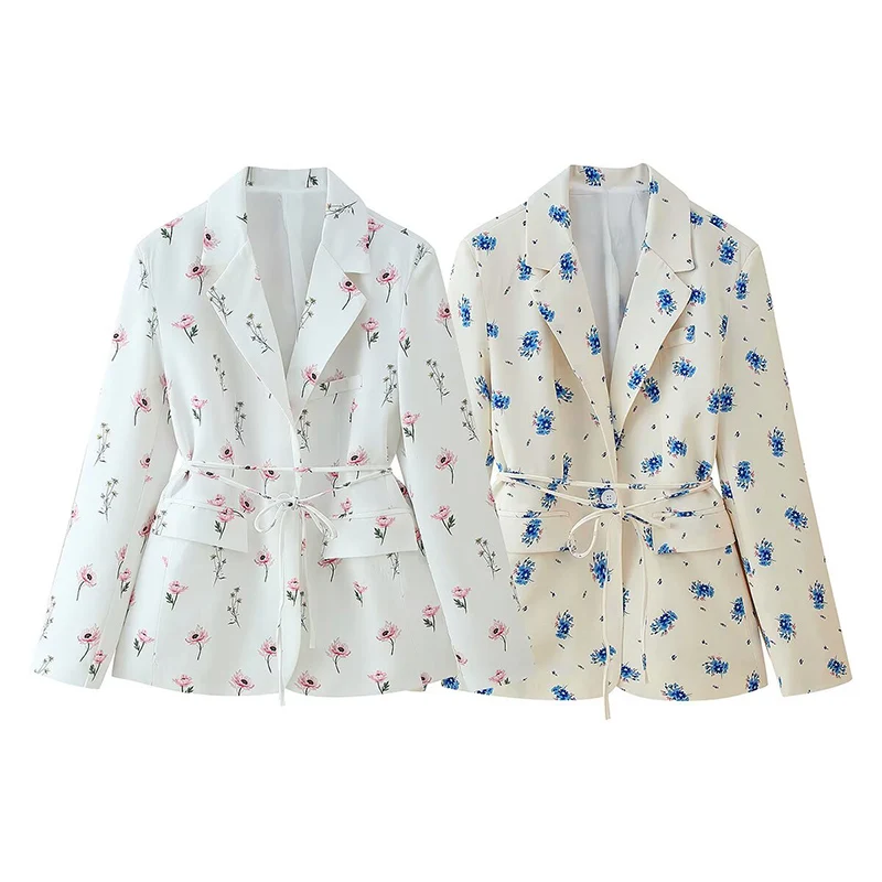 Women’s Floral Belted Blazer – Ivory & Blue